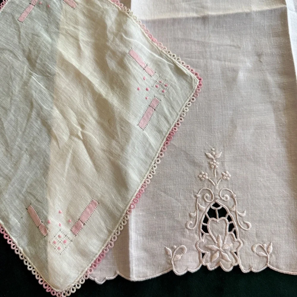 Vintage Pink Handkerchief and Guest Towel Set Embroidered Linen Lace